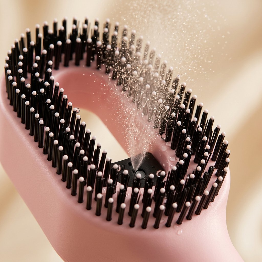 Close-up of the manual spray nozzle releasing mist